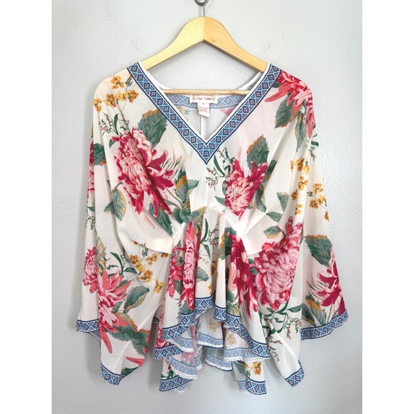 Flying Tomato M Floral Print V-Neck Sheer Blouse Kimono Sleeve Peplum Top Boho - Picture 1 of 9